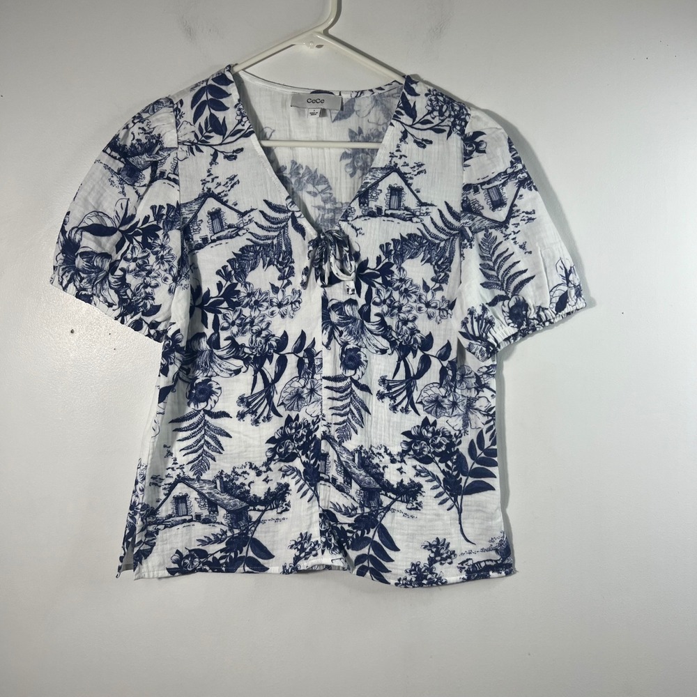 Cece Floral Cotton Waffle Weave‎ V Neck Top Short Sleeve S Cotton Blue White